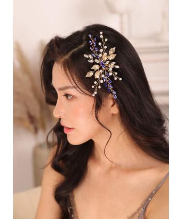Kercisbeauty Gold Leaf Hair Comb with Blue Crystal Wedding Bridal Hair Piece Pearl Handmade Jewelry for Special Occasion - Buy Online on GoSupps.com