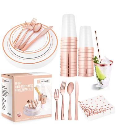 SIRSIMON 250 Piece Disposable Rose Gold Plastic Dinnerware Set - 50 Rose Gold Plastic Plates - 25 Rose Gold Plastic Silverware - 25 RoseGold Cups and Straws - 50 Fancy Napkins, Wedding or Party of 25