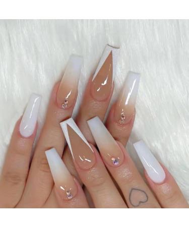 RUNRAYAY Nude Press on Nails with French Tips Rhinestones Gradient Nail Tips Stick Glue on Nail Fake Nails for Women Acrylic Full Cover Coffin Spring Summer