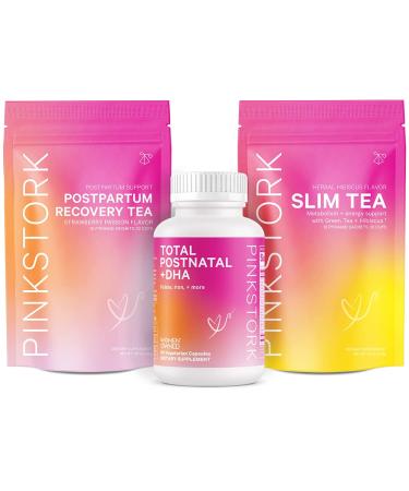 Pink Stork Postpartum Recovery Bundle: Postnatal Vitamins Labor & Delivery Essentials Lactation Support Green Tea for Energy & Metabolism Zinc B-Vitamins Postpartum Essentials Women-Owned