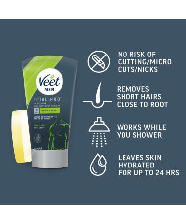 Veet Men In Shower Hair Removal Cream Chest & Body Normal Skin 150ml each 1 Sponge No Risk of Cuts 24 Hour Hydration 7 Days of Smoothness Dermatologically Tested (Packaging may vary) 150 ml (Pack of 1) - Buy Online on GoSupps.com