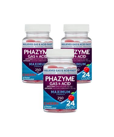 Phazyme Gas and Acid Relief Chewable 250 mg - 24 ct Pack of 3