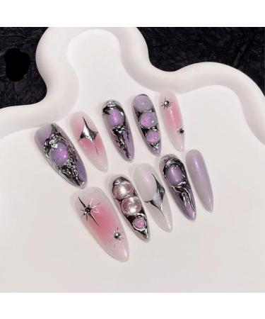 Handmade Nails Press on Full Cover Nails Spice Girl Sweet Cool Metallic Dimensional Long Fake Nails Nail enhancement (Color : 1 Size : M)