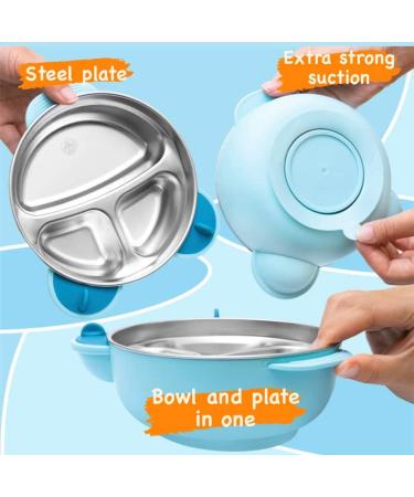 Baby League Steel Plate and Suction Bowl Set - Non-Toxic Blue Tableware for Toddler Feeding - Divider Plate with Spoon, Fork, and Lid - Self-Weaning Kids Gift - Buy Online on GoSupps.com