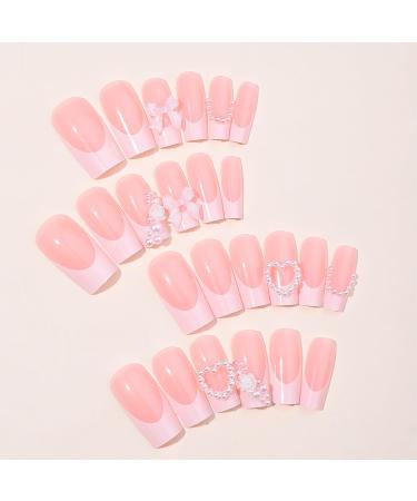 Press on Nails - Medium Square Love Heart Pearl - 24Pcs Reusable French Fake Nails with Flower & Bow Tie Design - Artificial Acrylic Coffin Nails for Women - Buy Online on GoSupps.com