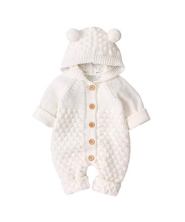 Baby Boy Girl Clothes Long Sleeve Knitted Hooded Romper Bodysuit Onesie Fall Winter Jumpsuit 0-6 Months White-Hairball