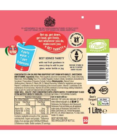  Robinsons Robinsons Fruit and Orley Real Fruit Pumpkin Low Calorie Pink Grapefruit 1 Litre 20 Servings - Buy Online on GoSupps.com