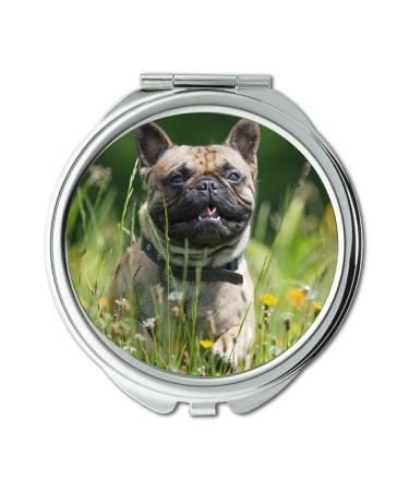 YENDOSTEEN Mirror makeup mirror Dog Bulldog Flower Meadow Joy pocket mirror portable mirror