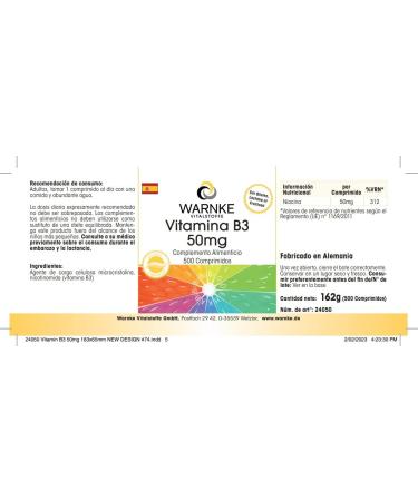 Vegan Vitamin B3 50mg (Nicotinamide) | 500 Tablets by Warnke Vitalstoffe - Buy Online on GoSupps.com