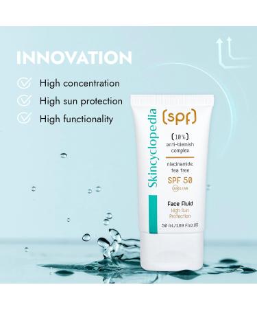 Skincyclopedia SPF 50 Face Sunscreen Fluid with 10% Anti-Blemish Complex Ground-breaking SPF 50 Sun Cream for Very High UV Protection Glow and Blemish Reduction 50ml - Buy Online on GoSupps.com