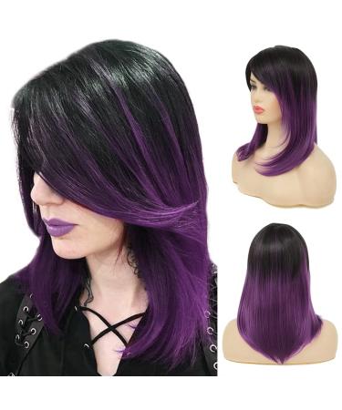 Sallcks Womens Ombre Black Purple Wig Medium Long Straight Natural Looking Side Part Synthetic Full Wigs for Daily Party Halloween