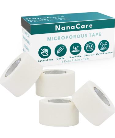 NanaCare Microporous Surgical Tape 2.5cm x 10m | 4 Rolls Micropore Surgical Tape | Medical Tape for Skin Dressings and Face | First Aid Tape Suitable for Sensitive Skin