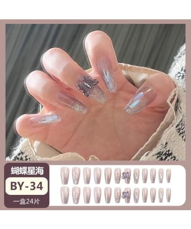 24Pcs/Set Press On Nails Long Aurora Diamond Sparkling Pink Butterfly False Nails Acrylic Fake Nails Full Cover Nails Tips Artificial Finger Manicure Press on nails for Women and Girls - Buy Online on GoSupps.com