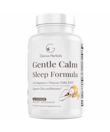 GENIUS HERBALS Gentle Calm Sleep Formula with Magnesium L-Theanine Melatonin GABA 5-Htp | Sleep Aid | Non-GMO - 60 Capsules