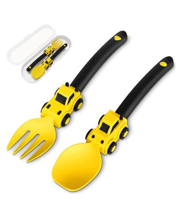 Construction Toddler Cutlery Set - Baby Fork and Spoon Set - Suitable for Kids Forks and Spoon - Baby Self Feeding Spoons Portable Toddler Cutlery Set for 1 2 3 4 5 Year Old Toddlers - Yellow