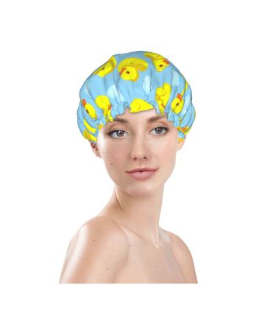 Yellow Ducks Shower Caps for Women Reusable Waterproof Rubber Ducks Hair Cap PEVA Elastic Bath Cap for Shower Double Protection Layers One Size Yellow Rubber Duck