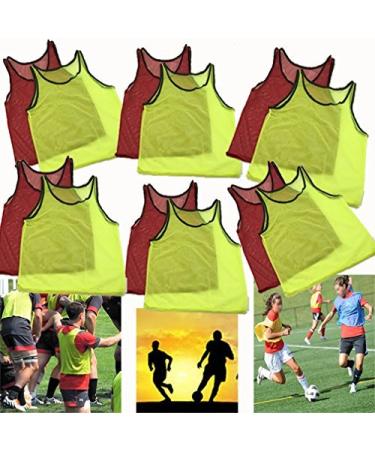 Adorox 12 Pack Youth Scrimmage Team Practice Nylon Mesh Jerseys Vests Pinnies for Children Sports Football, Basketball, Soccer, Volleyball (6 Yellow and 6 Red)