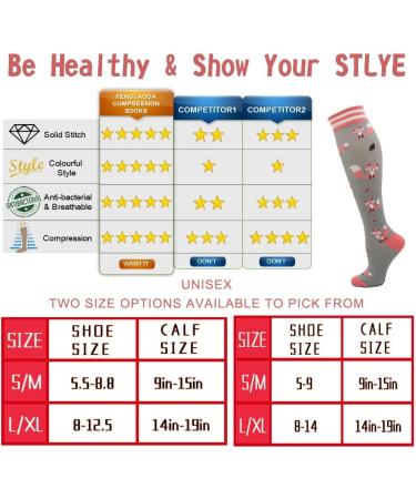 Fenglaoda Compression Stockings for Women - 15-25 mmHg Knee High Support Socks | Cute & Colorful 3 Pairs for Sports - Sizes L-XL - Buy Online on GoSupps.com