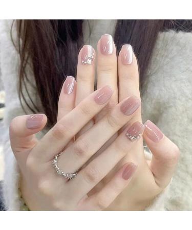 Light Pink Cat Eye Press On Nails Short Square Acrylic Fake Nails with Glitter Rhinestones | 24 Pcs Full Coverage Stick-on Nails for Women & Girls - Buy Online on GoSupps.com