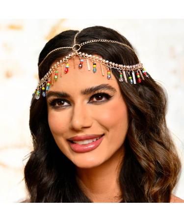 Sixexey Boho Gold Head Chain Egyptian Headpiece Colorful Beaded Headpiece for Women - Buy Online on GoSupps.com