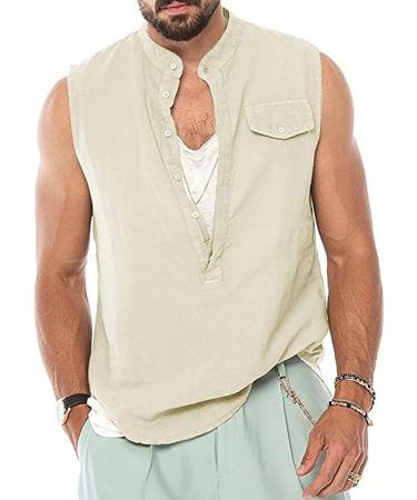 BEUU Men's Cotton Linen Sleeveless Henley V-Neck Vest - Khaki XL - Buy Online on GoSupps.com