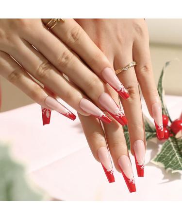 Vatocu Christmas False Nails - Long Xmas Press on Nails with Snowflakes Glitter - 24pcs Ballerina Acrylic Stick on Nails for Women and Girls - Buy Online on GoSupps.com