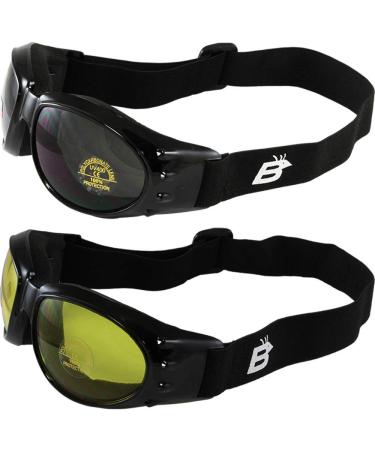 Two Pairs of Birdz Bald Eagles Glossy Black Frame Motorcycle Goggles Smoke Lenses and Yellow Tint Lenses