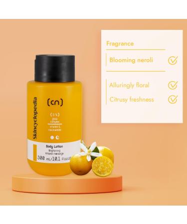 Skincyclopedia 5% Vitamin C Body Lotion with Niacinamide Vitamin E Shea Butter and Almond Oil - Illuminating Body Moisturiser for Women Against Stretch Marks Hyperpigmentation and Back Acne 300ml - Buy Online on GoSupps.com