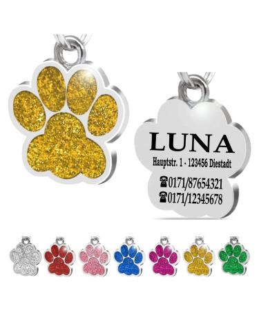 Ibera Gifts - Personalized pendants for small to medium -sized dogs and cats in paw shape - engraving dog brand collar dog neck band Name personalized Dog address trailer cat necklace (gold) yellow