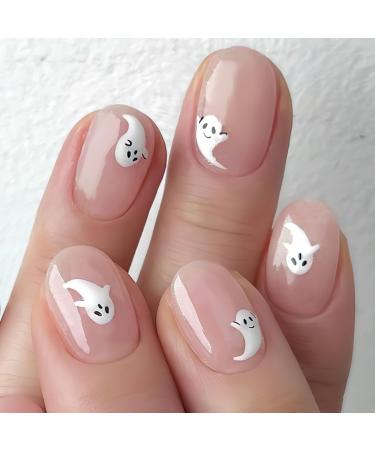 Halloween Press on Nails Short Almond Fake Nails Glossy Nude Pink Full Cover False Nails Cute White Ghost Glue on Nails Oval Halloween Small Spooky Artificial Acrylic Nails for Women Girls 24Pcs 2-Cute Ghost