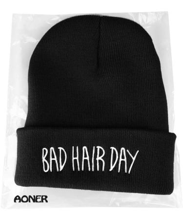 Shop Aoner 'Bad Hair Day' Beanie Hat - Winter Knit Cap with Embroidery | Hip-Hop Style Black with White Text - Buy Online on GoSupps.com