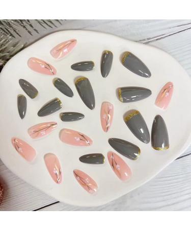 Almond Press on Nails Medium with Flower Glitter Designs - Pink/Gray False Nails - 24Pcs - Buy Online on GoSupps.com