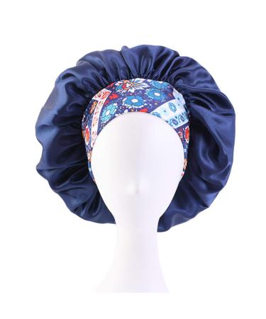 Large Satin Bonnet for Women Curly Hair Sleeping  Silk Night Sleep Cap Head Cover Hat with Floral Wide Band Navy Blue