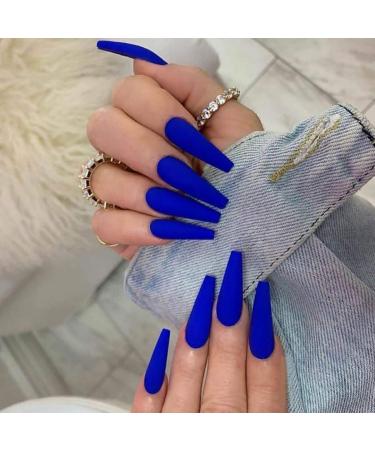 Funyrich Long Coffin Press on Nails Blue Fake Nails Ballerina Matte Full Cover Artificial False Nail for Women and Girls (24 Pcs) 1 Blue