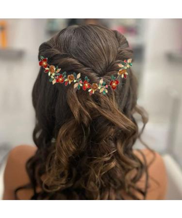 Red Flower Rhinestone Bridal Hair Vine | Gold Green Headband for Bride | Wedding & Evening Party Accessories - Buy Online on GoSupps.com