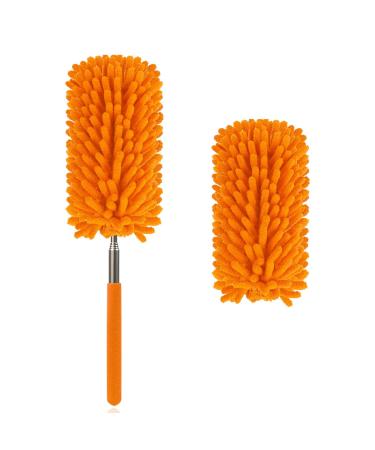 Microfiber Duster for Cleaning, DELUX Feather Duster Extendable Duster with Extra Long Pole, 2pcs Replaceable Brush Head, Washable Dusters for Cleaning Office, Car, Window, Furniture, Ceiling Fan Orange