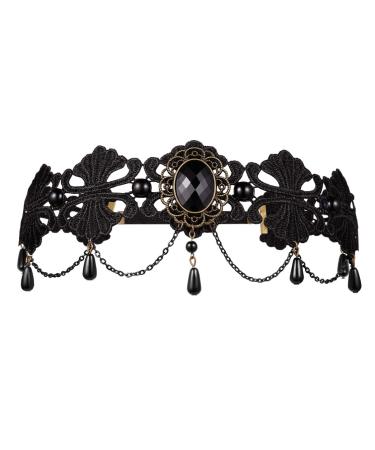 Black Lace Headband Gothic Crystal Flower Forehead Chain Lolita Elastic Crown Headband for Halloween Cosplay Party