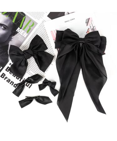 Black Hair Bow Set - 5 Oversized Satin Ribbon Hair Clips for Women and Girls | French Barrettes Hair Accessories Gift - Buy Online on GoSupps.com