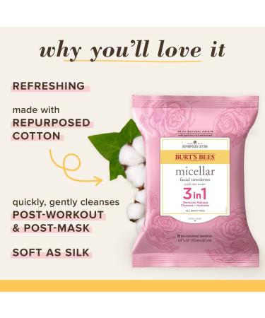 Burt's Bees 3-in-1 Micellar Facial Towelettes with Rosewater - 30 Pre-Moistened Towelettes for Gentle Cleansing - Buy Online on GoSupps.com