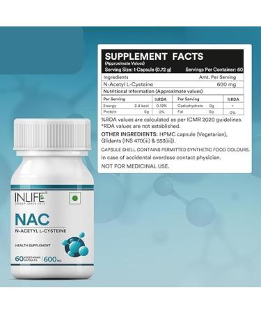 N Acetyl L - Cysteine NAC 600mg | Supports Liver & Respiratory Health | Each Contains 60 Vegetarian Capsules - 120 Capsules (Pack of 2) - Buy Online on GoSupps.com