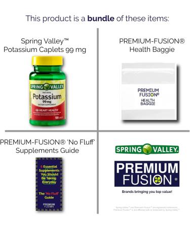 Spring Valley Potassium Supplement 99mg Caplets - 100 Caplets - 3+ Month Supply | Heart, Nerve & Muscle Support + Vitamin Pouch - Buy Online on GoSupps.com