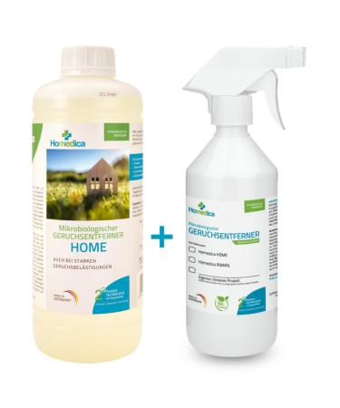 Homedica odor remover home 1l + refill bottle 500ml - vegan & made in Germany - microbiological enzyme cleaner for textiles upholstery & animal skins - against unpleasant smells