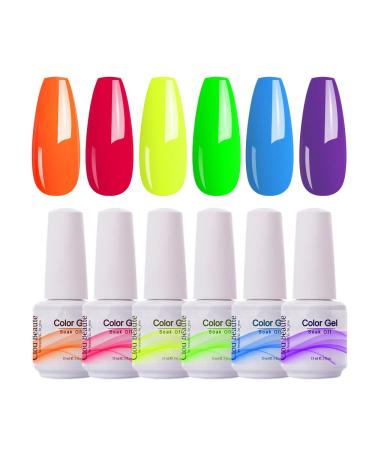 Clou Beaute 8ml Gel Nail Polish Set Rainbow Neon Colors Orange Red Blue Purple Green Soak Off UV LED Nail Gel Polish Art Varnish Gift Box Set Pack of 6 Colors Gel Polish Set S018 CB-S018