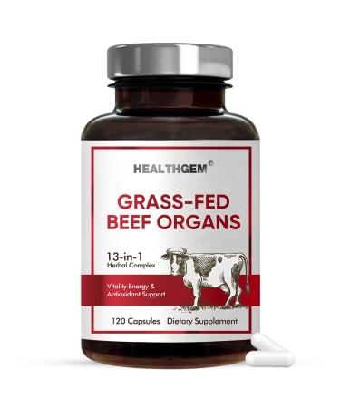 HEALTHGEM Beef Organs Supplement Grass Fed Beef Liver Kidney Heart Pancreas Lung Spleen Bone Total Body Wellness & Performance Non-GMO Gluten-Free 120 Count