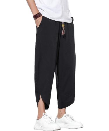 DOSLAVIDA Men's Casual Elastic Waist Linen Capri Pants Wide Leg Harem Yoga Trousers - Solid Black, Medium - Buy Online on GoSupps.com