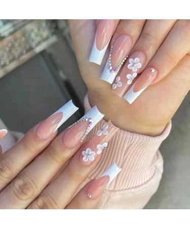 French Tip Press on Nails White Flower Fake Nails Medium Coffin Nail Tips White Tip Flowers Rhinestones Decor Elegant Acrylic Nails Spring Nude Glossy False Nails Kit Full Cover Nail 24 Pcs