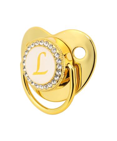 Golden baby pacifier curved design 26 letters safe materials healthy bling baby pacifier with clips for 6 to 18 months (L)