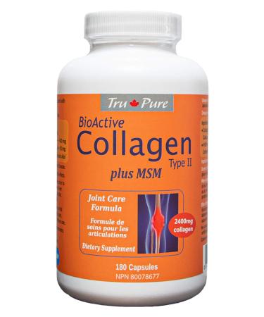 TruPure Bioactive Collagen Type II +MSM Effective Joint Care Formula 2 400 mg of Collagen Type II per daily serving 180 Capsules 30 days supply. Helps to reduce joint pain due to Osteoarthritis and promote the healing of joint cartilage injuries.