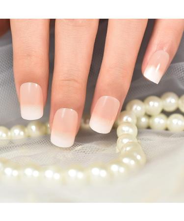 Ombre Pink Nude White French False Nails - Medium Squoval Gradient Press on Nails - Buy Online on GoSupps.com
