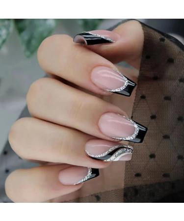 24Pcs French Tip Press on Nails Short Square False Nails with Designs  Black Silver Glitter Waves Fake Nails Full Cover Stick on Nails Black Nail Tip Glossy Artificial Acrylic Nails for Women Girls Black Glitter Wave
